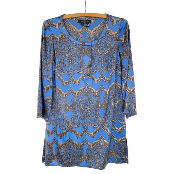 Etcetera Tops - Etcetera Silk Blue Gold Paisley Split Neck Tunic 2